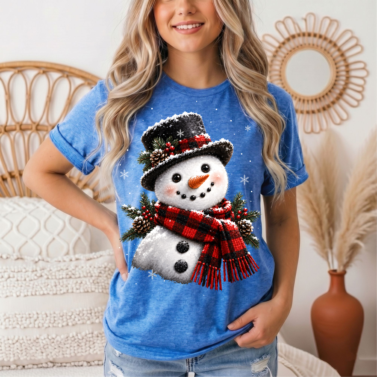 Snowman Buffalo Plaid Scarf Christmas Graphic Tee