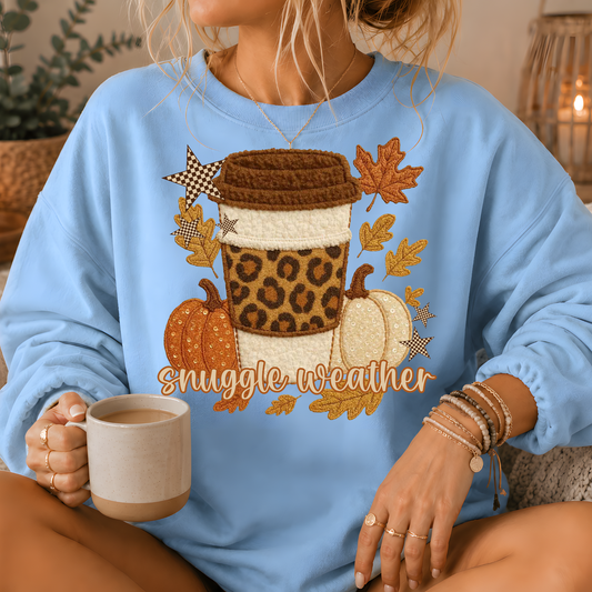 Snuggle Weather Faux Embroidery Coffee Crewneck Sweatshirt