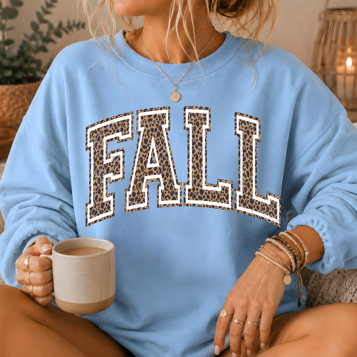 Fall Leopard Print Varsity Crewneck Sweatshirt