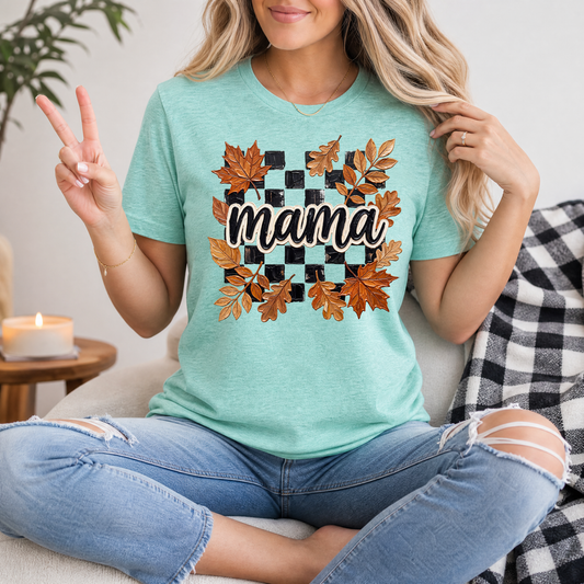 Mama Fall Leaves & Checkerboard Graphic Tee