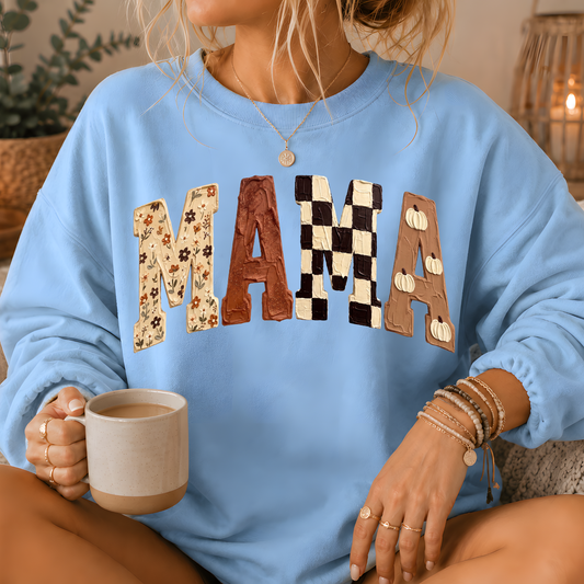 Mama Fall Patchwork Print Crewneck Sweatshirt