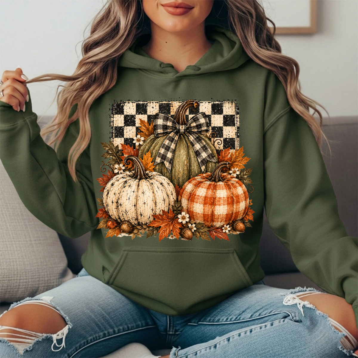 Rustic Fall Pumpkins Buffalo Check Bow Graphic Hoodie