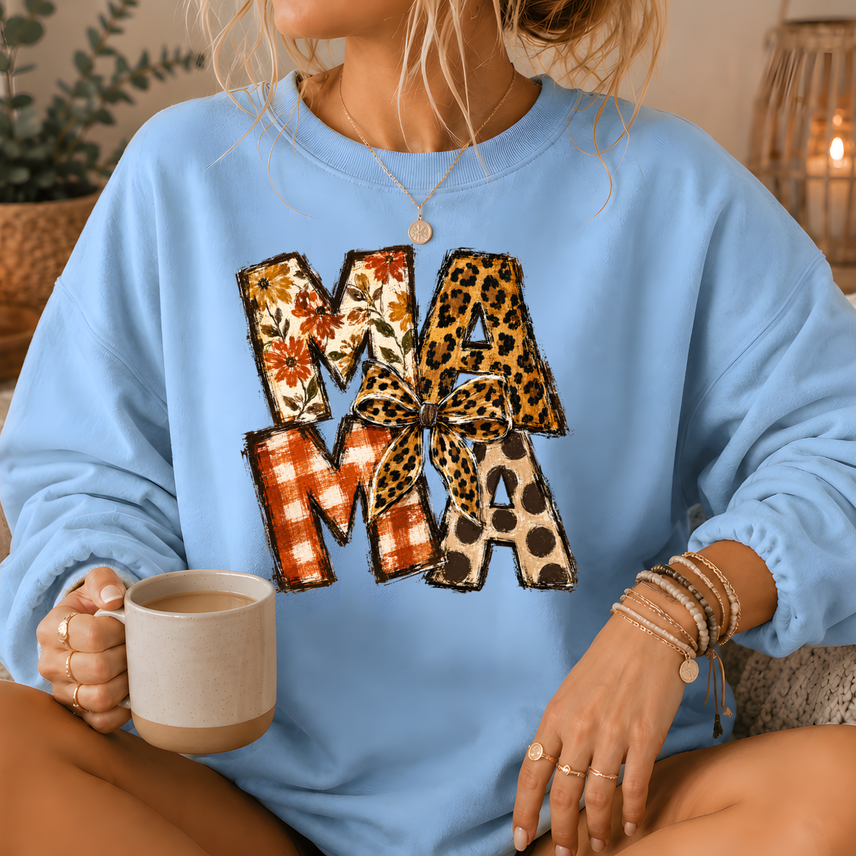 Mama Mixed Print Bow Crewneck Sweatshirt