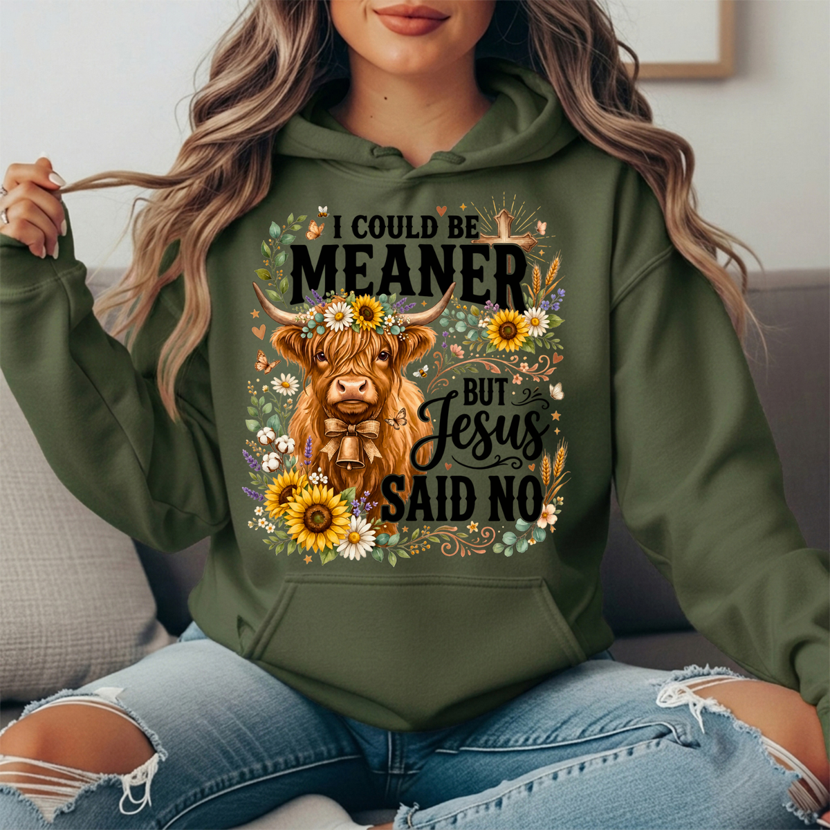 I Could Be Meaner But Jesus Said No Highland Cow Hoodie