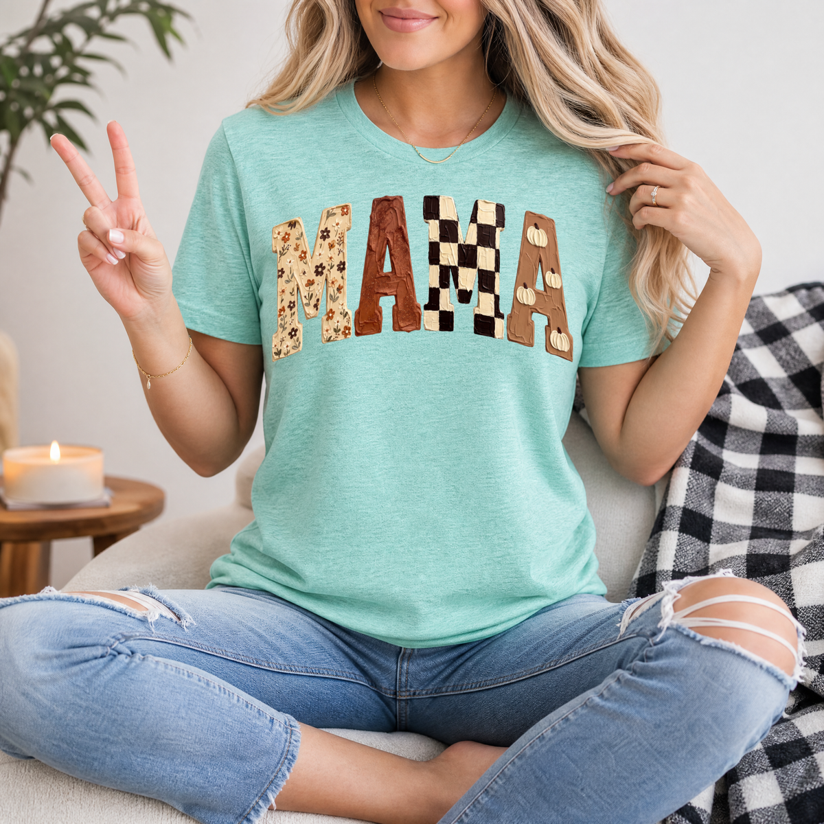 Fall Mama Floral, Checkerboard & Pumpkin Graphic Tee