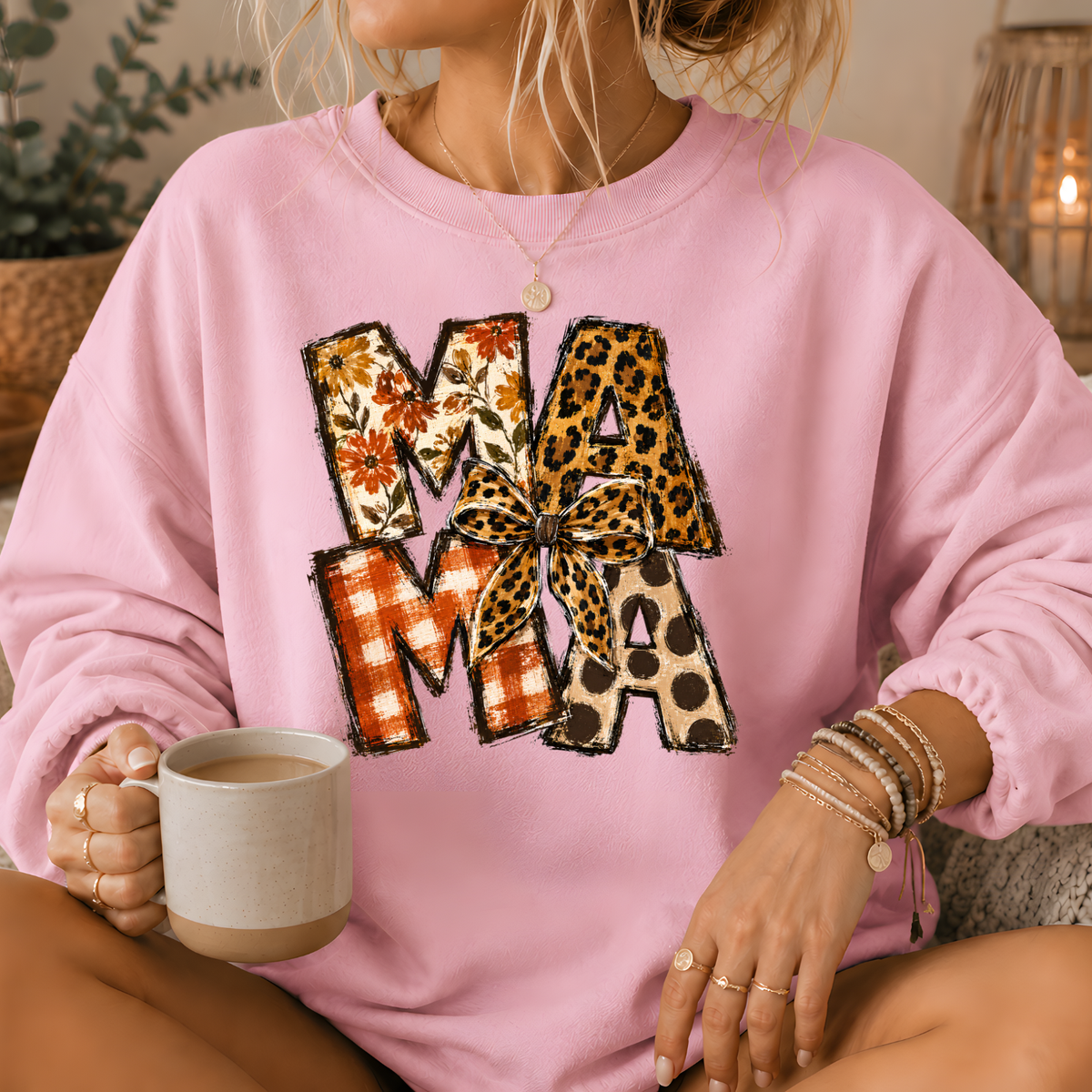 Mama Mixed Print Bow Crewneck Sweatshirt