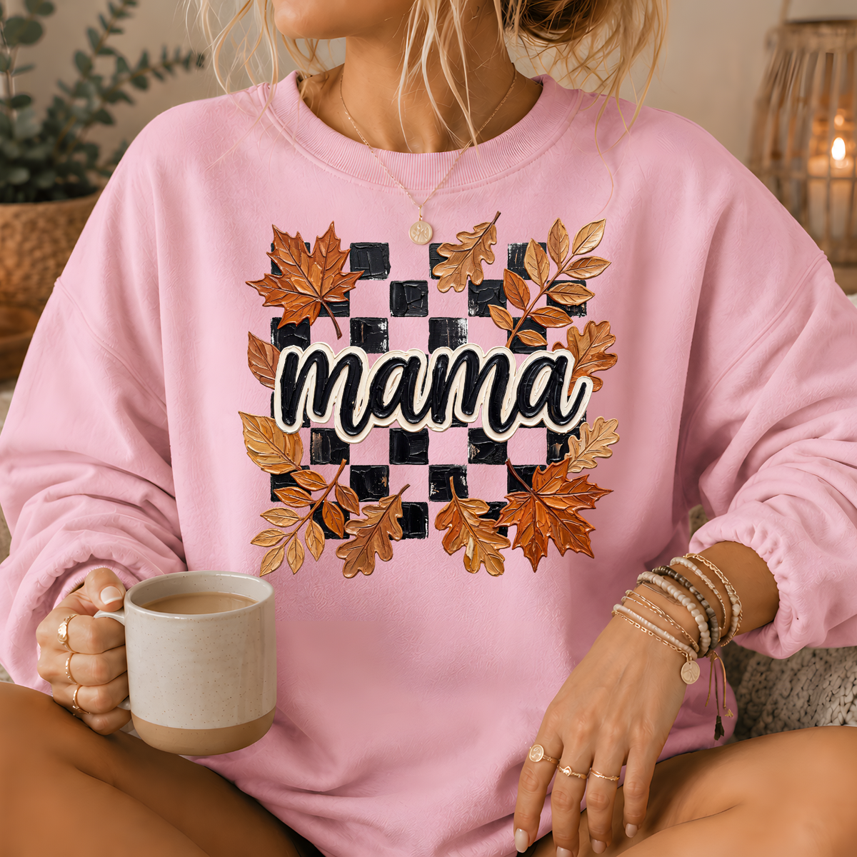 Mama Fall Leaves Checkerboard Crewneck Sweatshirt