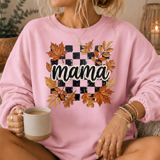 Mama Fall Leaves Checkerboard Crewneck Sweatshirt