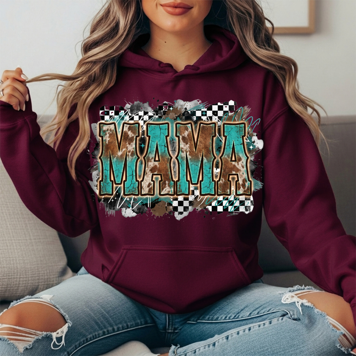 Turquoise Cowhide Mama Western Graphic Hoodie