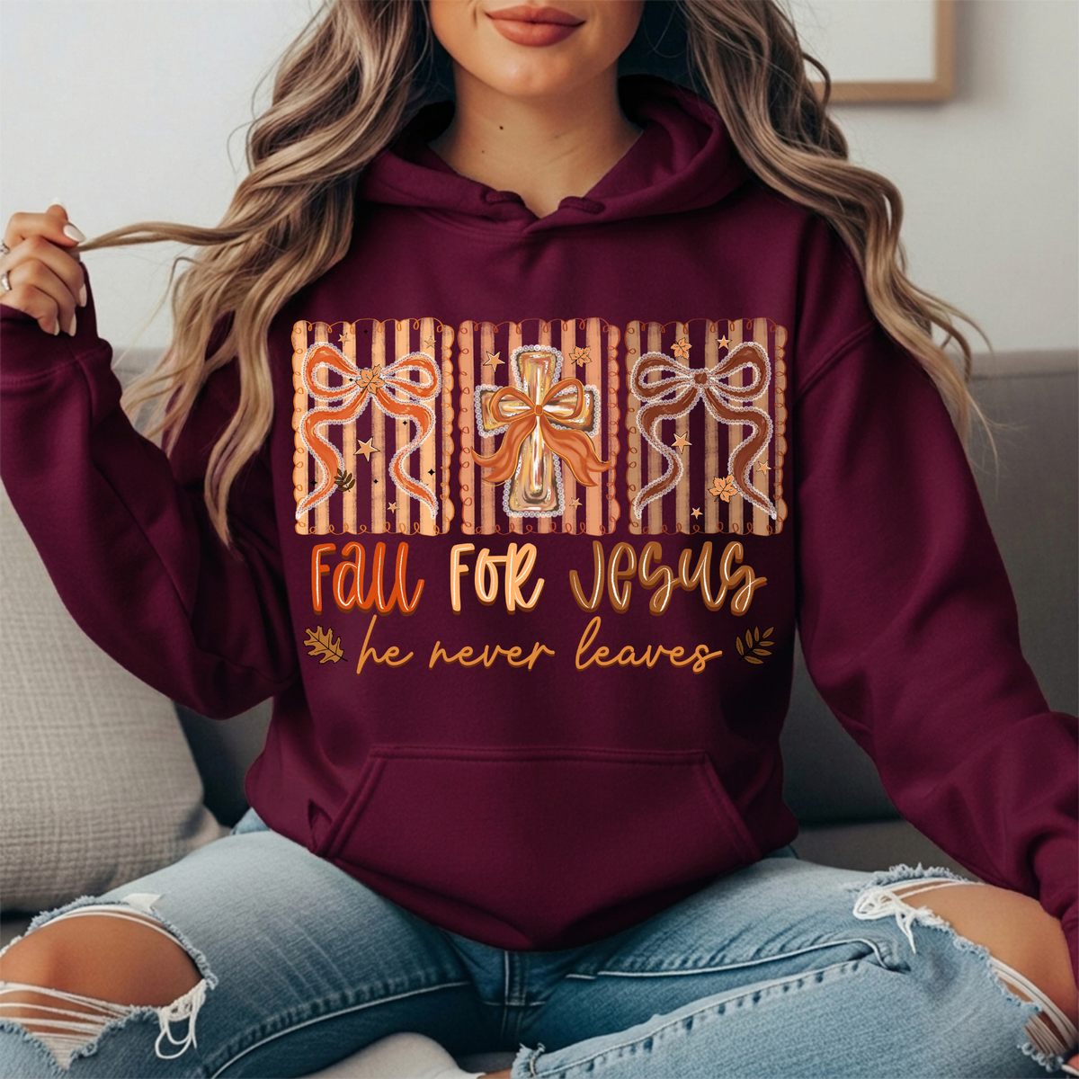 Fall for Jesus He Never Leaves Bow Cross Graphic Hoodie