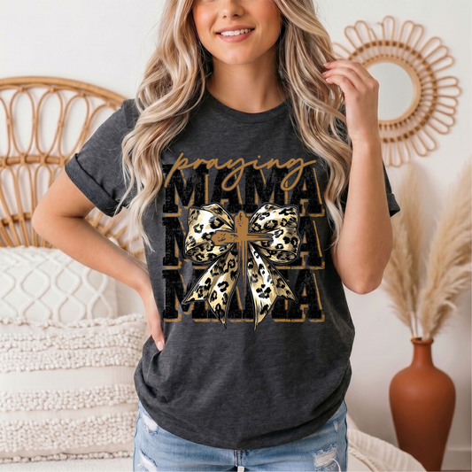 Praying Mama Leopard Bow & Cross Graphic Tee