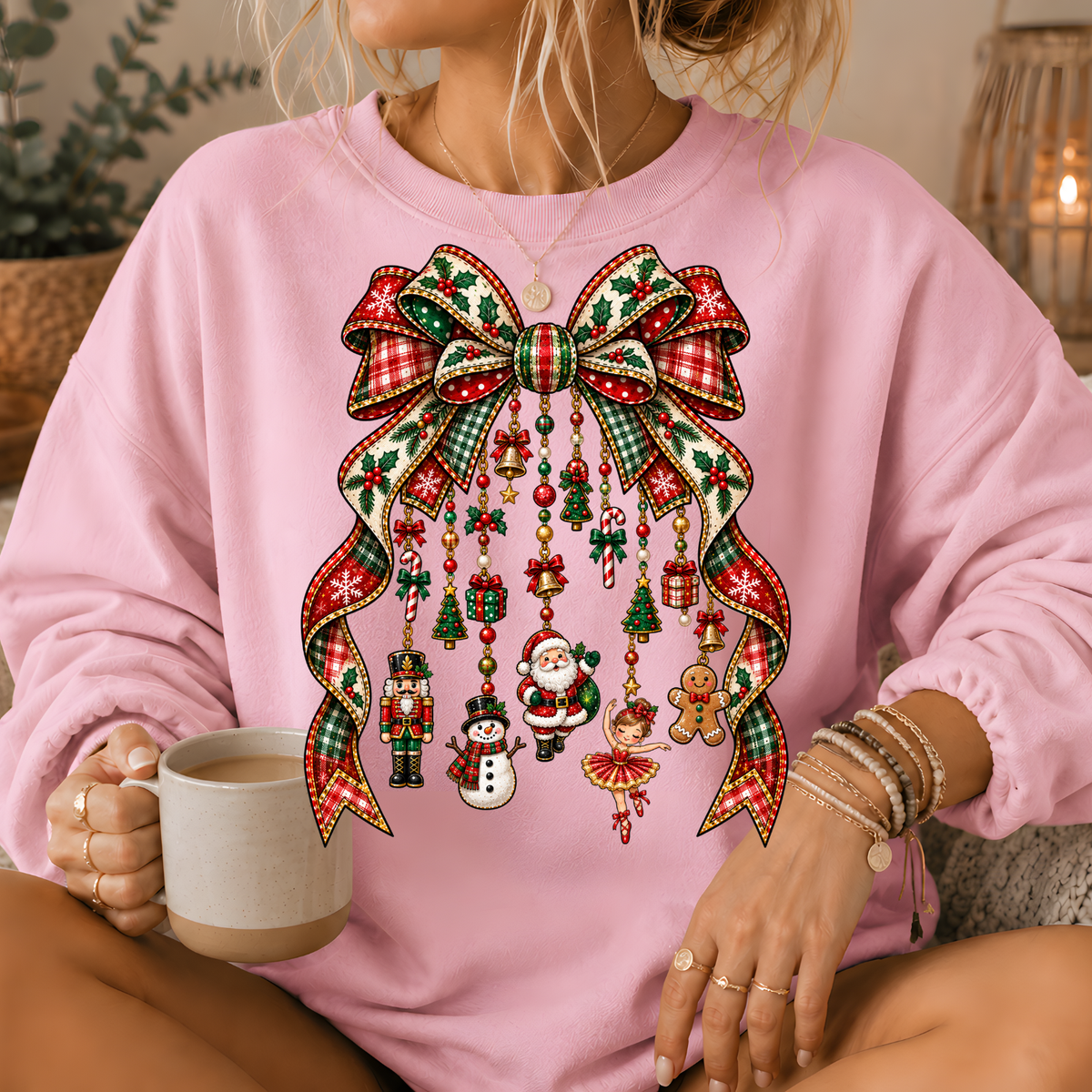 Christmas Plaid Bow Holiday Charms Crewneck Sweatshirt