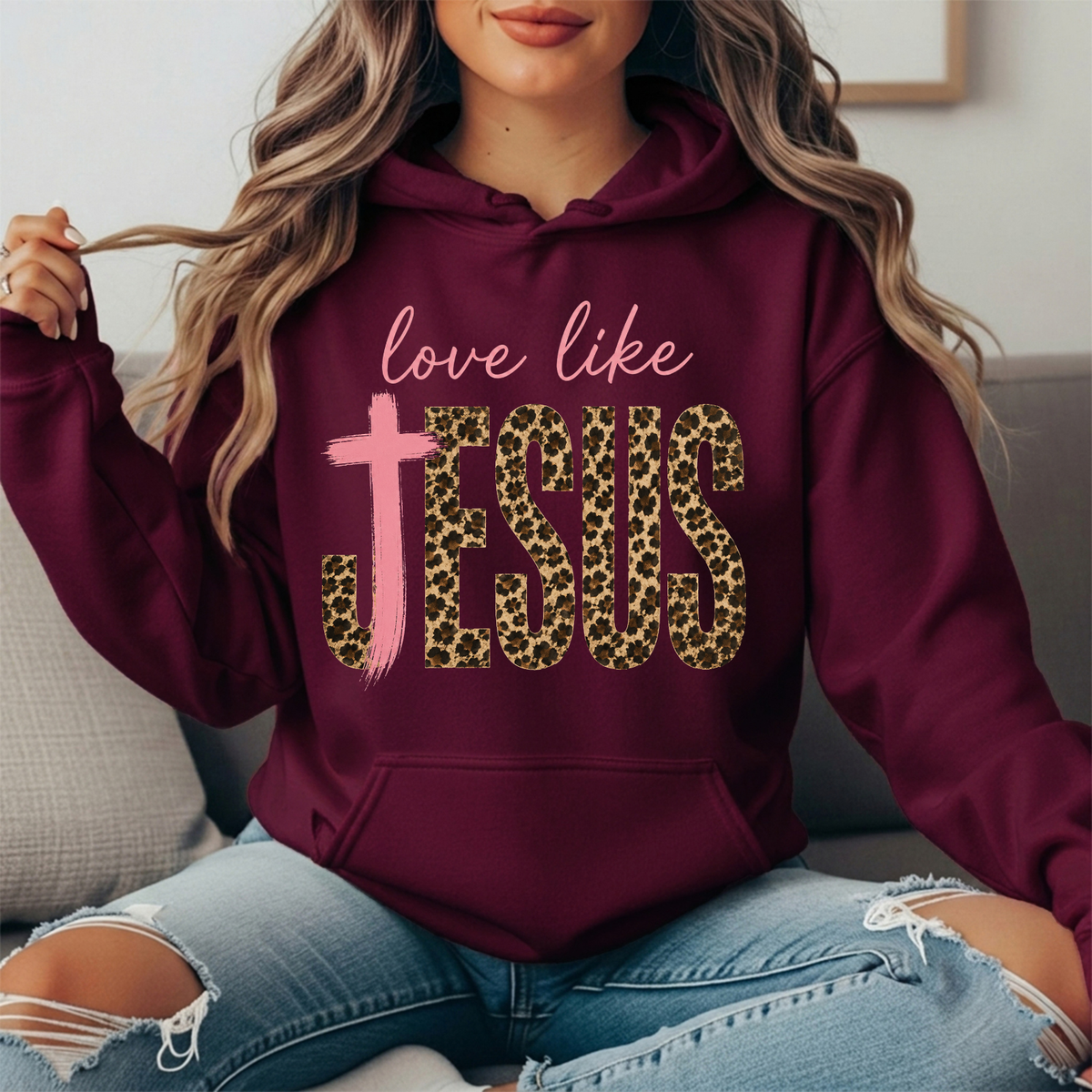 Love Like Jesus Leopard Print Cross Graphic Hoodie