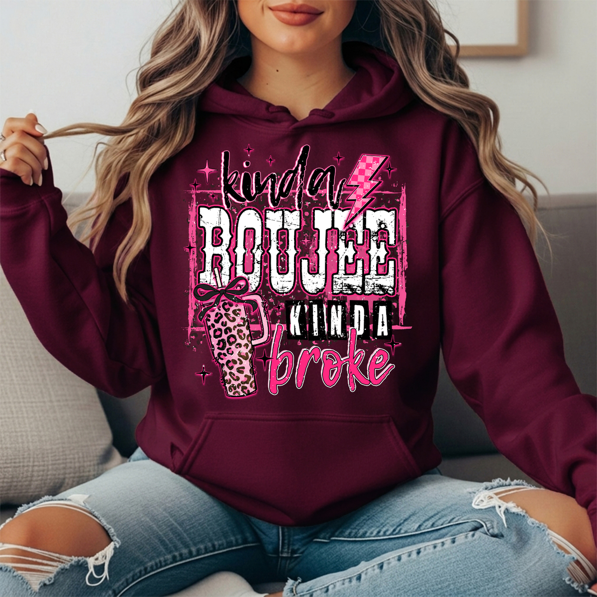 Kinda Boujee Kinda Broke Pink Leopard Graphic Hoodie