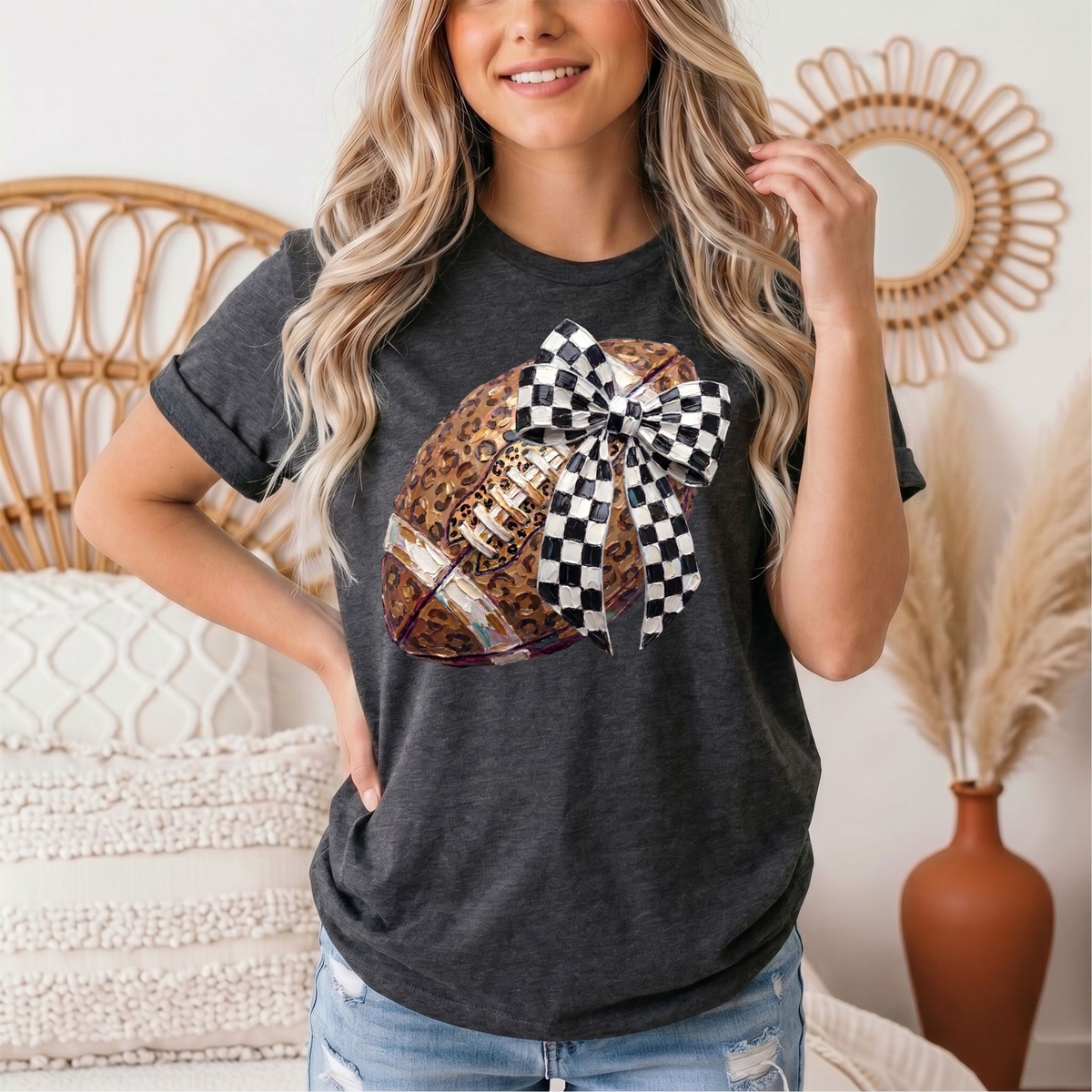 Leopard Football & Checkerboard Bow Graphic Tee