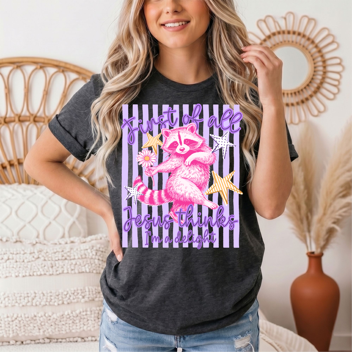 Jesus Thinks I'm a Delight Pink Raccoon Graphic Tee