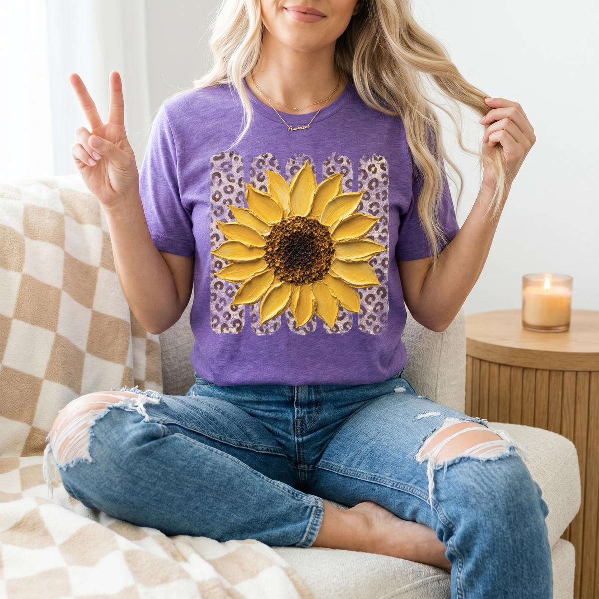 Painted Sunflower & Leopard Print Graphic Tee