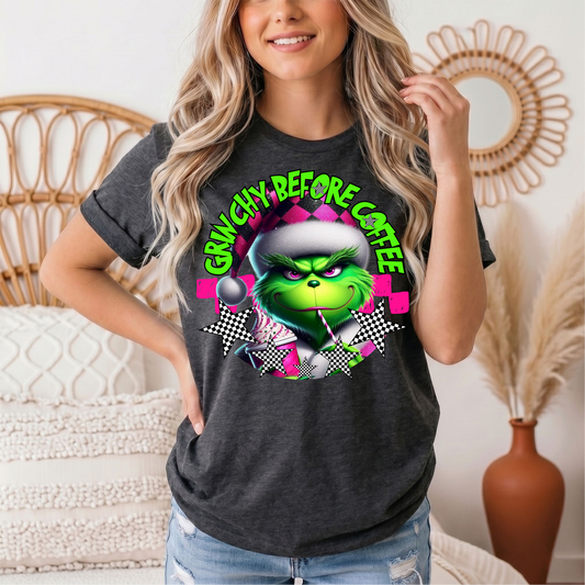 Grinchy Before Coffee Pink Checkerboard Christmas Graphic Tee