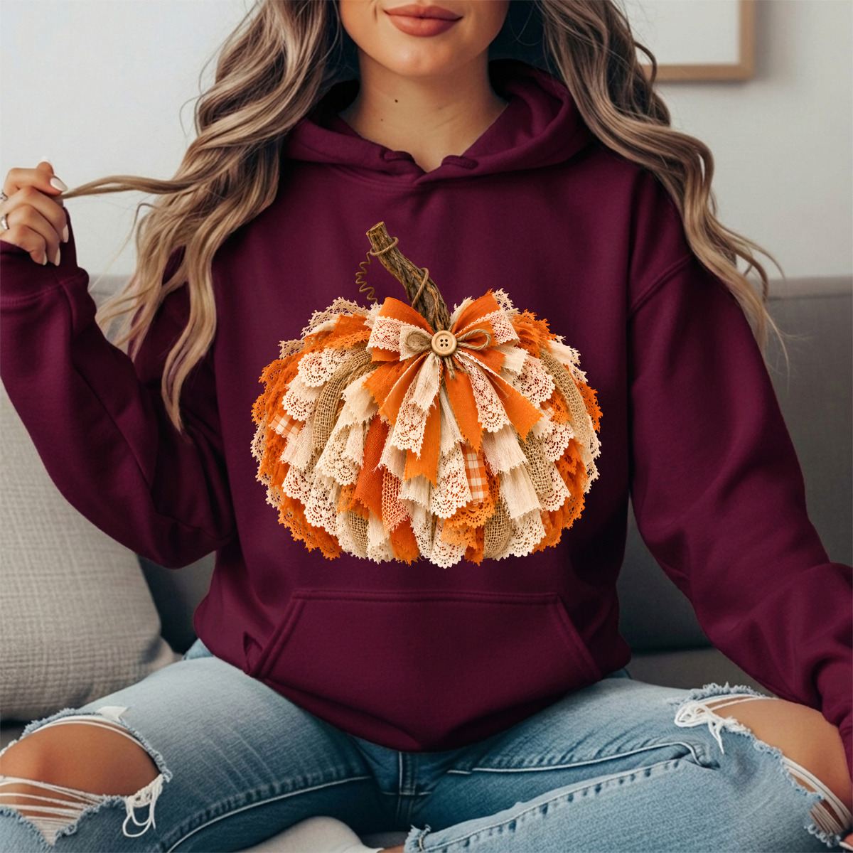 Rustic Lace & Burlap Pumpkin Graphic Hoodie