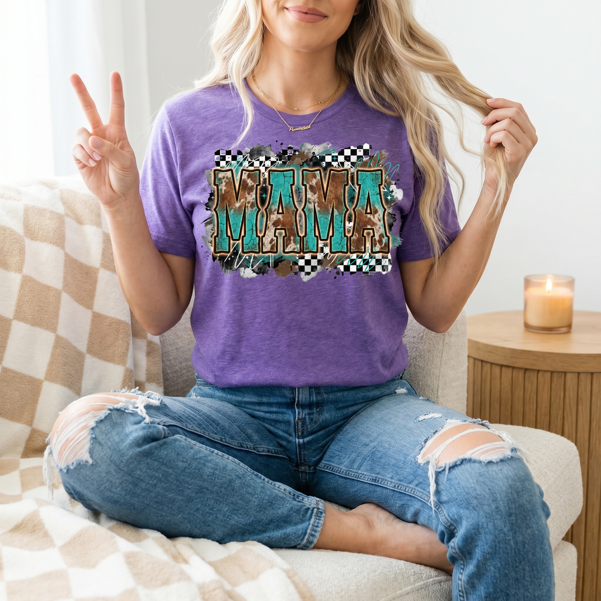 Western Mama Turquoise & Checkerboard Graphic Tee