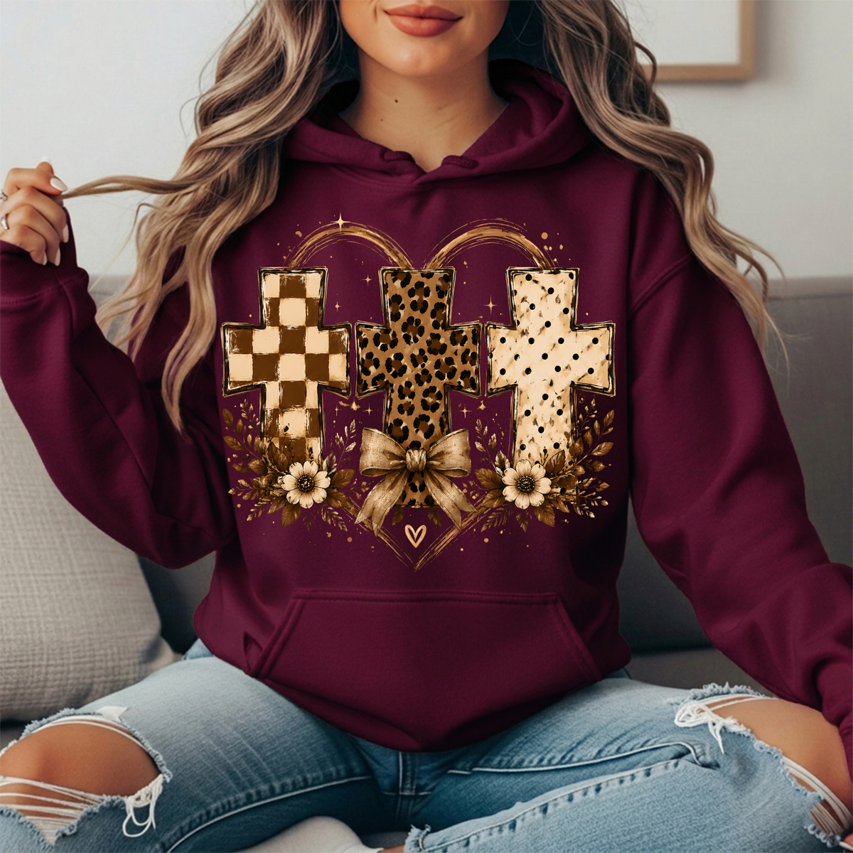 Three Crosses Leopard Floral Bow Graphic Hoodie