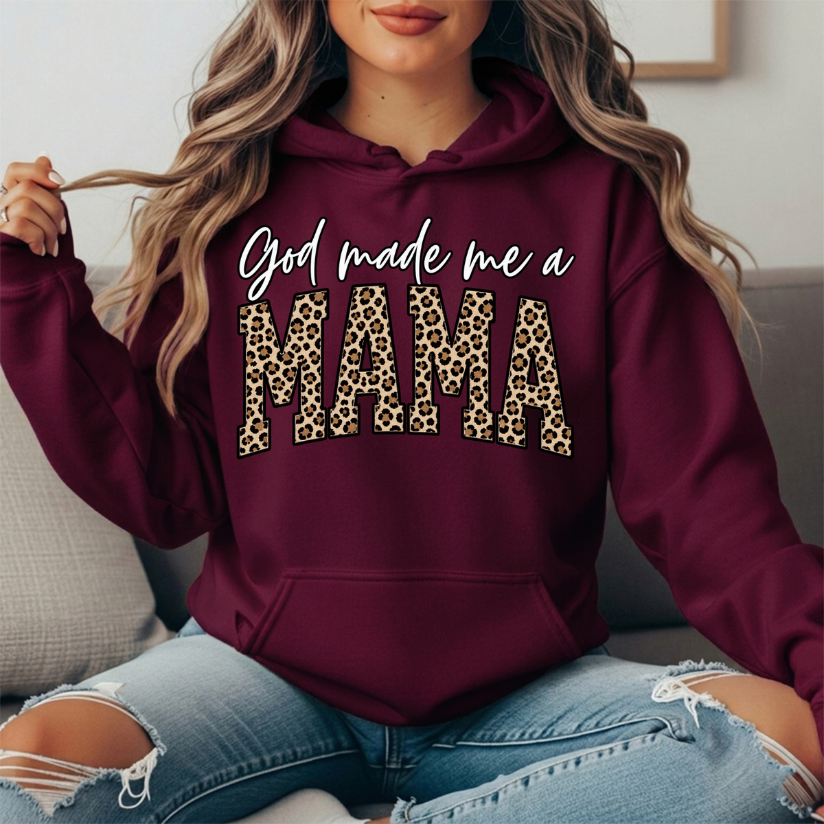 God Made Me a Mama Leopard Print Graphic Hoodie