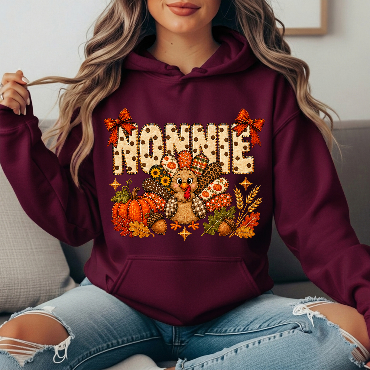 Nonnie Thanksgiving Patchwork Turkey Bow Graphic Hoodie