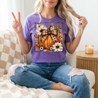 Fall Pumpkin Floral & Plaid Bow Graphic Tee