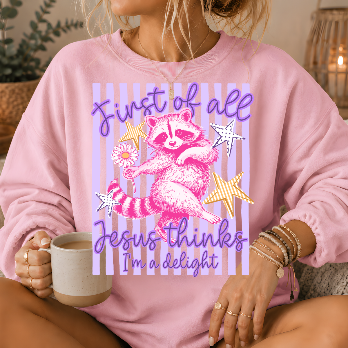 Jesus Thinks I'm a Delight Raccoon Crewneck Sweatshirt