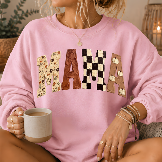 Mama Fall Patchwork Print Crewneck Sweatshirt