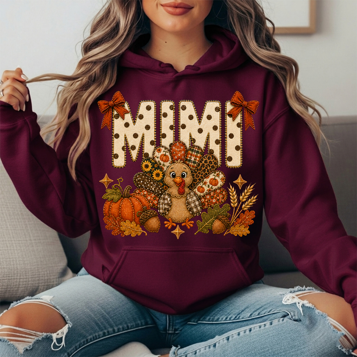 Mimi Thanksgiving Turkey & Rust Bows Graphic Hoodie