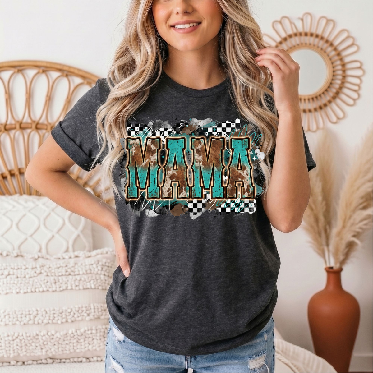 Turquoise & Cow Print Mama Western Graphic Tee