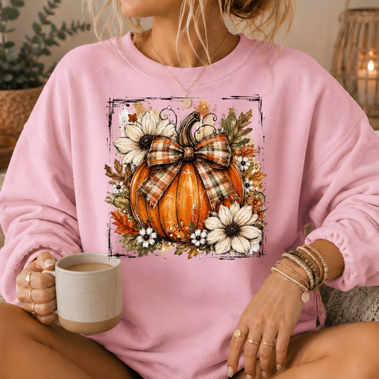 Pumpkin Plaid Bow Floral Crewneck Sweatshirt