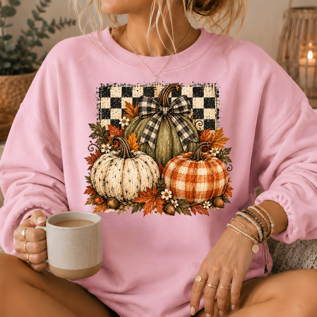 Pumpkin Plaid Bow Floral Crewneck Sweatshirt