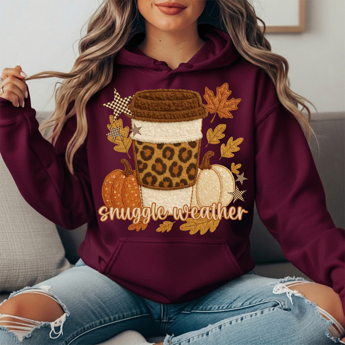 Snuggle Weather Faux Embroidery Coffee Hoodie Sweatshirt