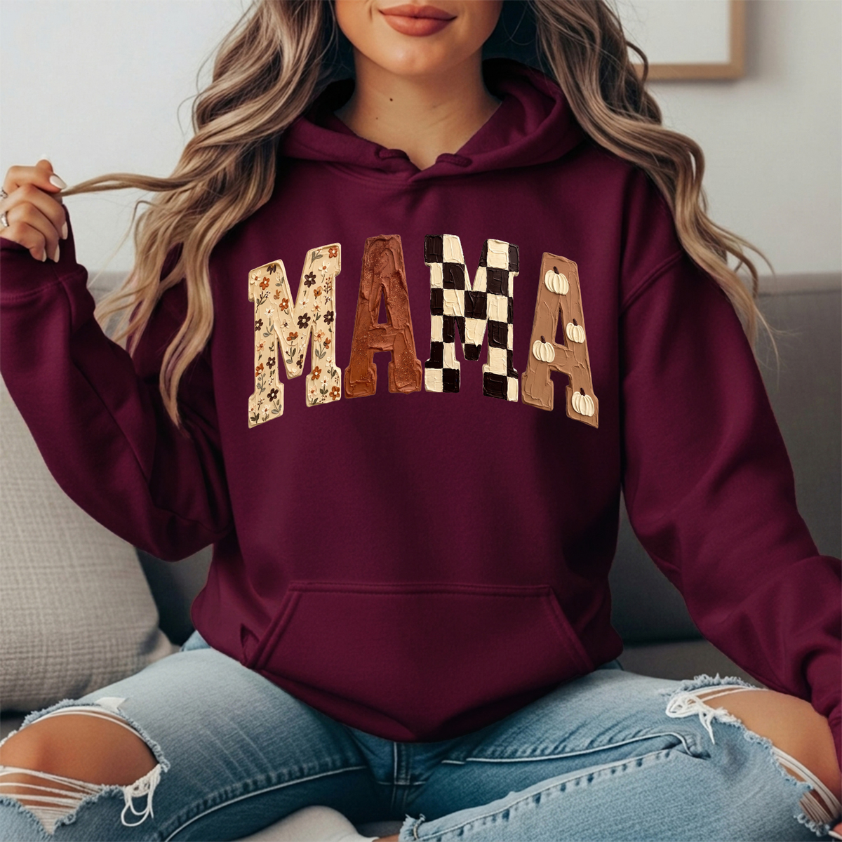 Mama Fall Floral, Checkerboard & Pumpkin Graphic Hoodie