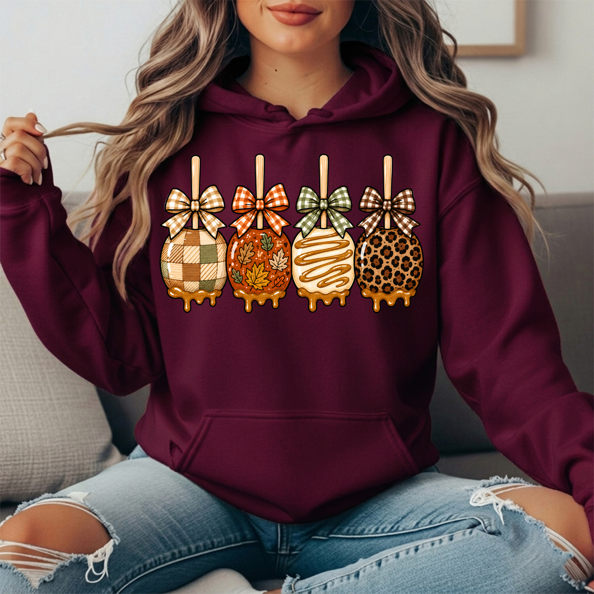Fall Caramel Apples & Gingham Bows Graphic Hoodie