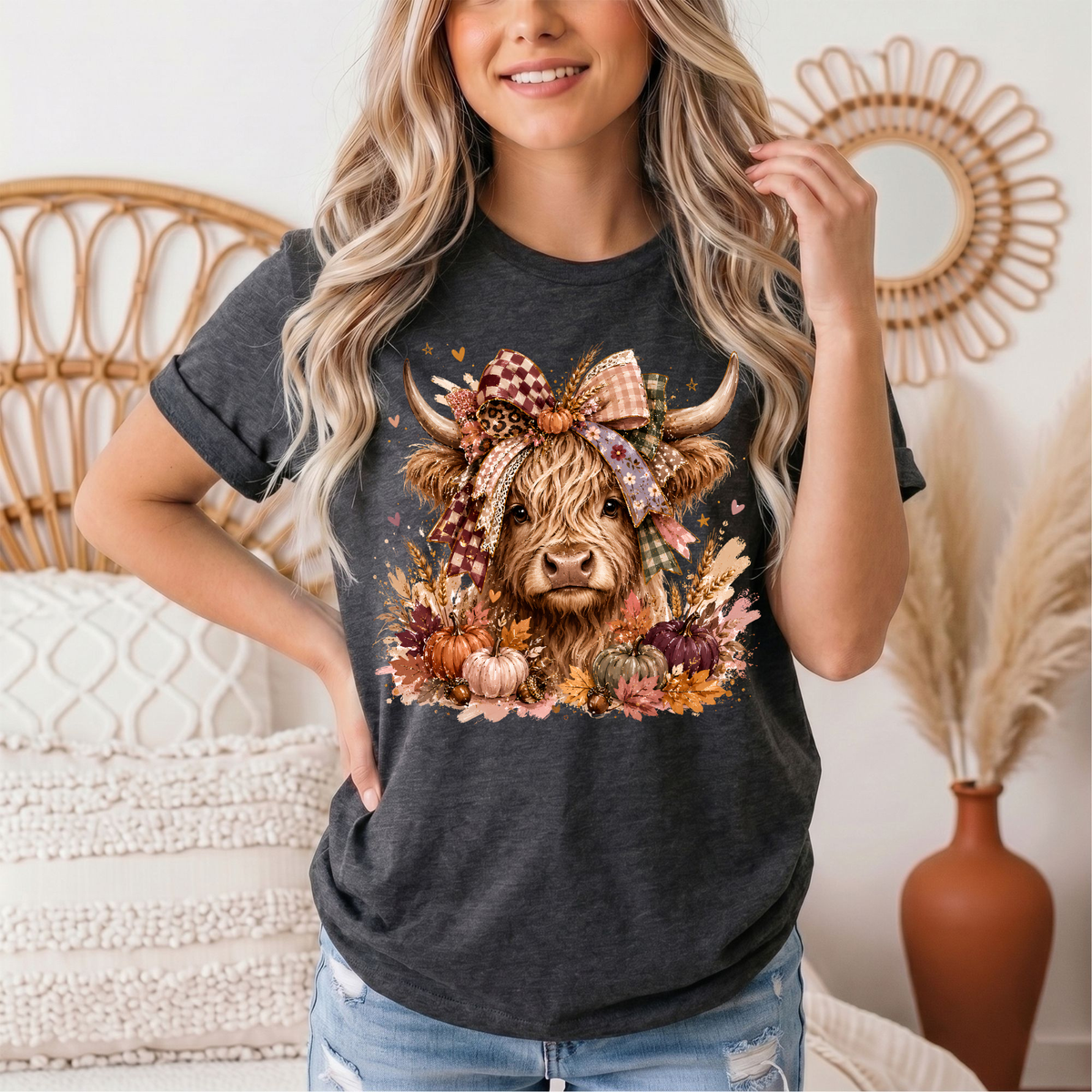 Fall Highland Cow Bow & Pumpkins Graphic Tee