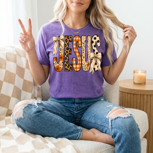 Jesus Floral, Leopard & Gingham Bow Graphic Tee