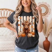 Fall Highland Cow Leopard Bow & Pumpkin Graphic Tee