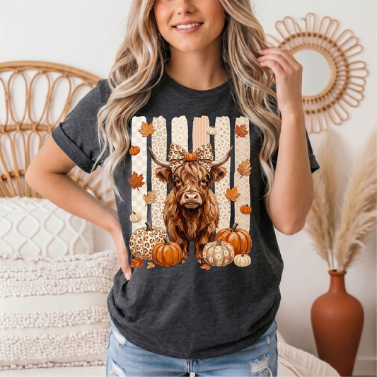 Fall Highland Cow Leopard Bow & Pumpkin Graphic Tee