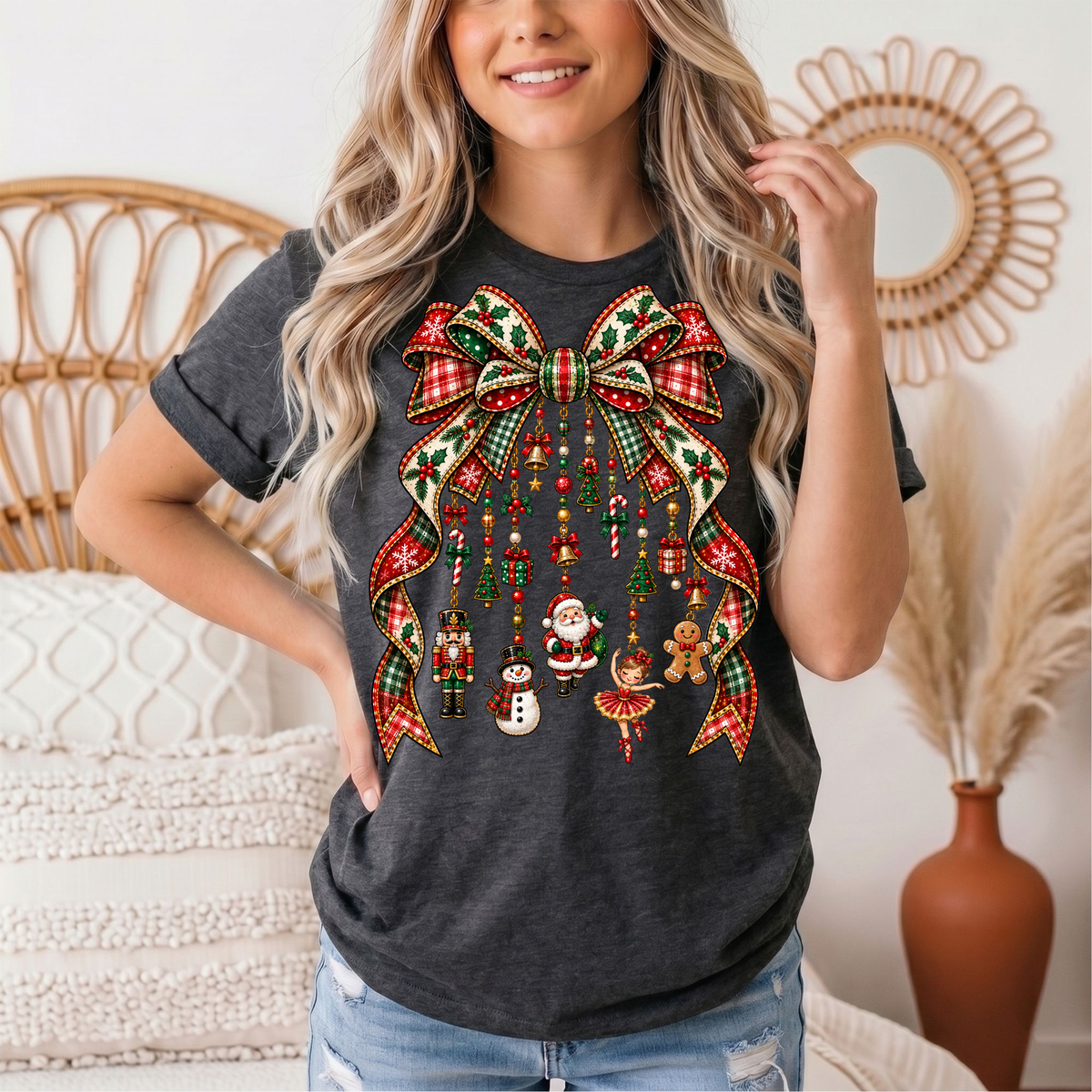 Christmas Plaid Bow & Holiday Charms Graphic Tee