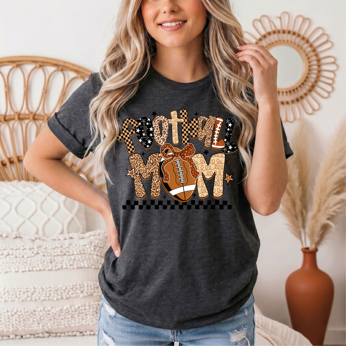 Football Mom Mixed Print Bow & Checkerboard Graphic Tee