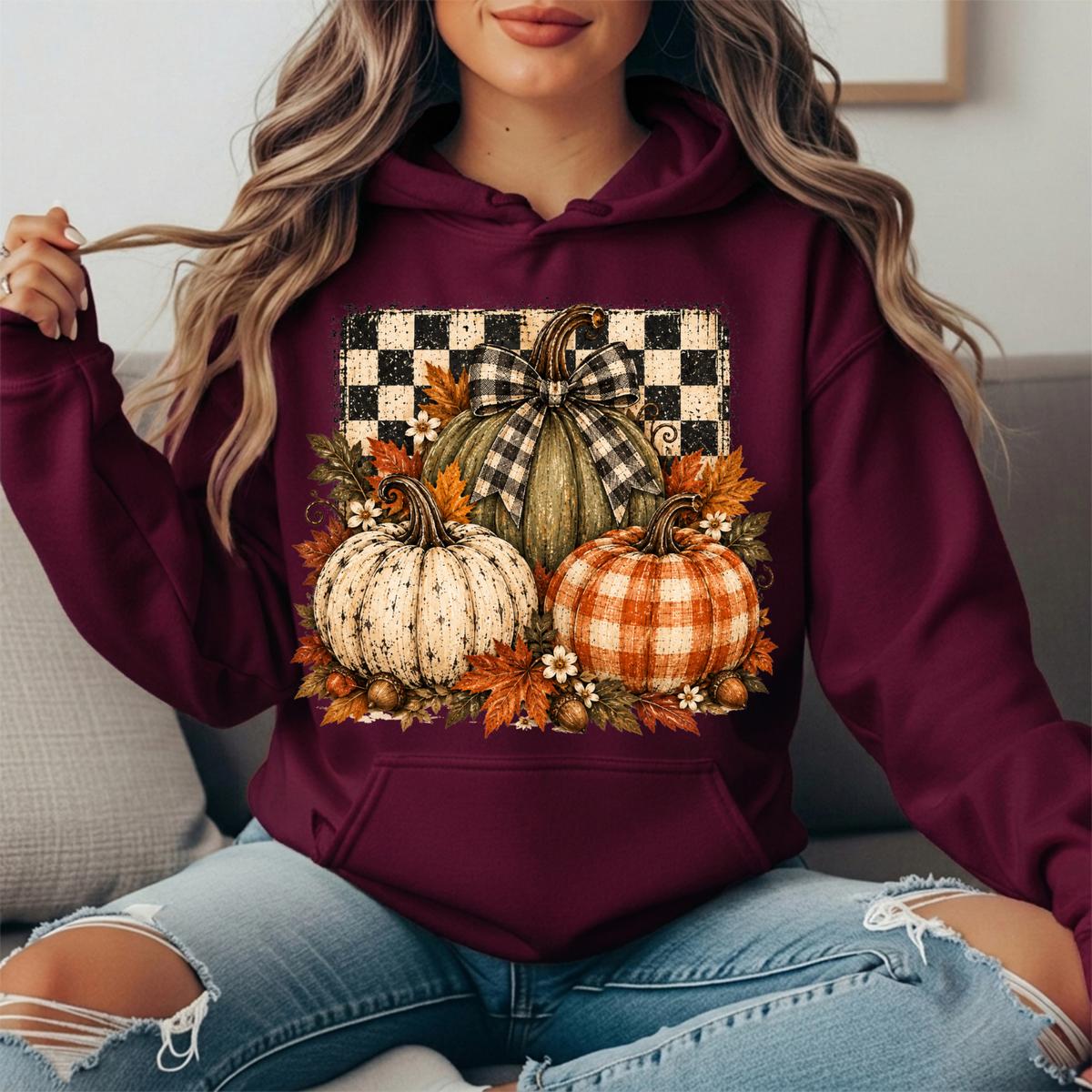 Rustic Fall Pumpkins Buffalo Check Bow Graphic Hoodie