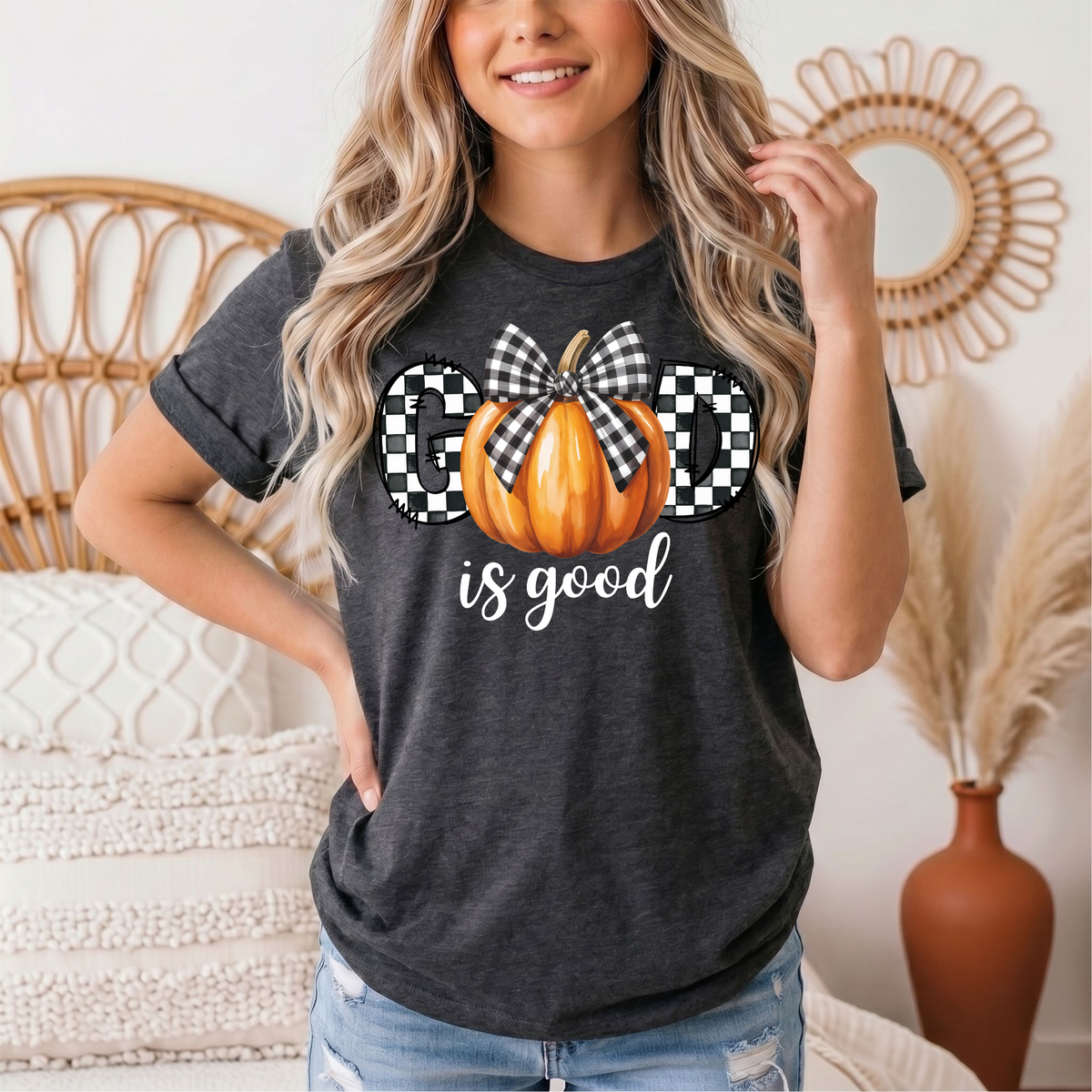 God Is Good Pumpkin & Gingham Bow Graphic Tee
