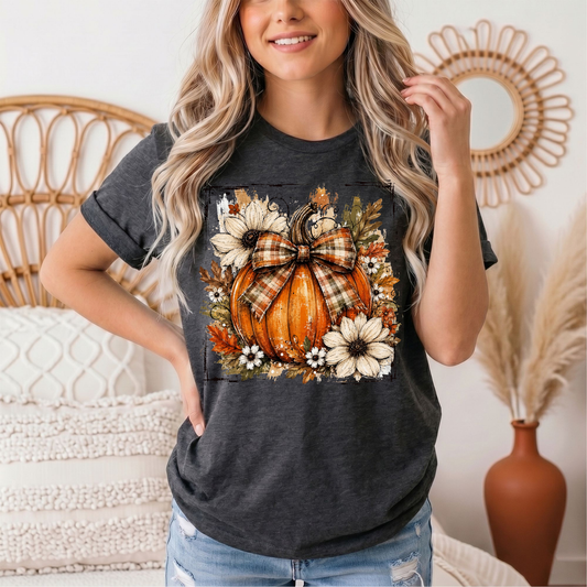 Fall Pumpkin Floral & Plaid Bow Graphic Tee