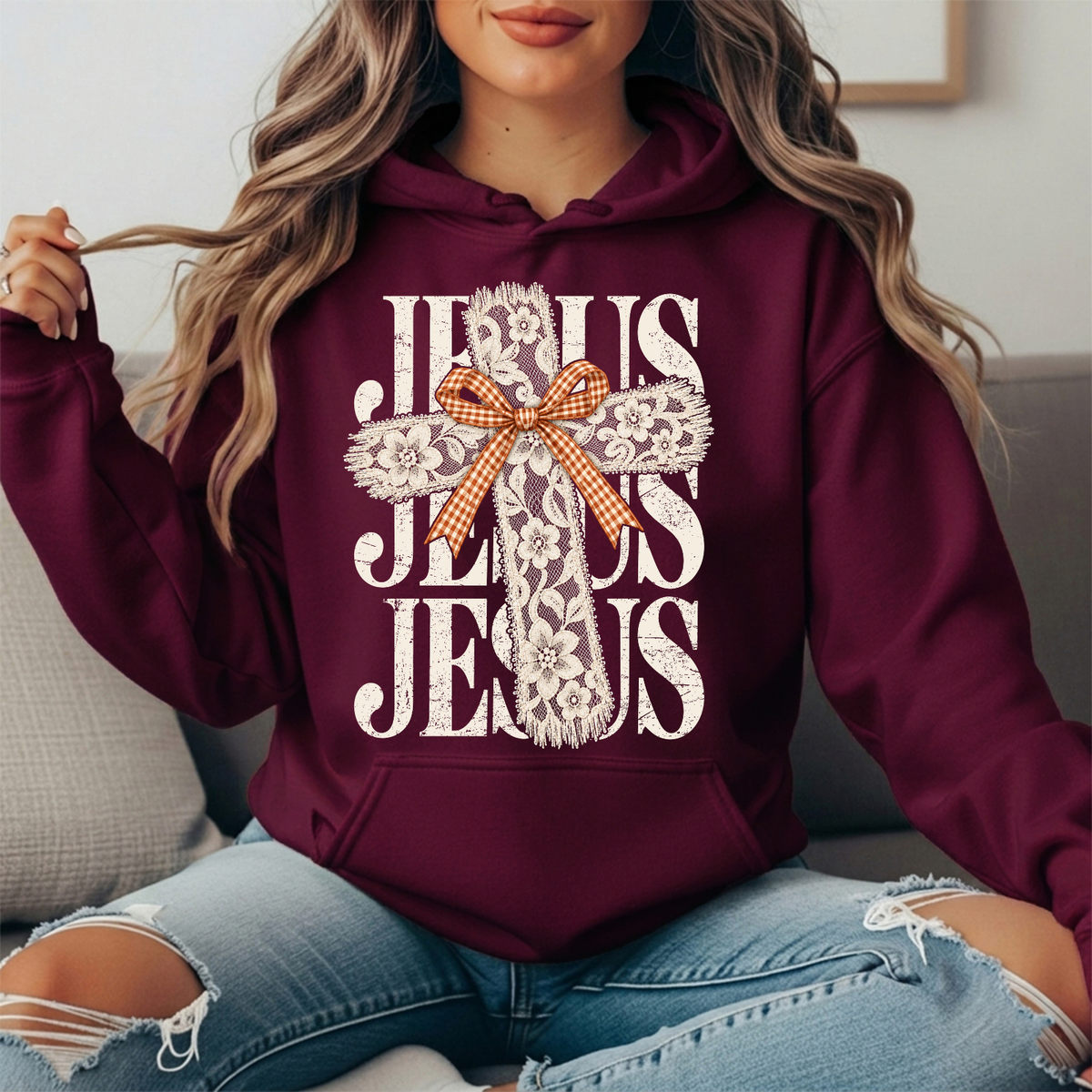 Jesus Floral Lace Cross & Gingham Bow Graphic Hoodie