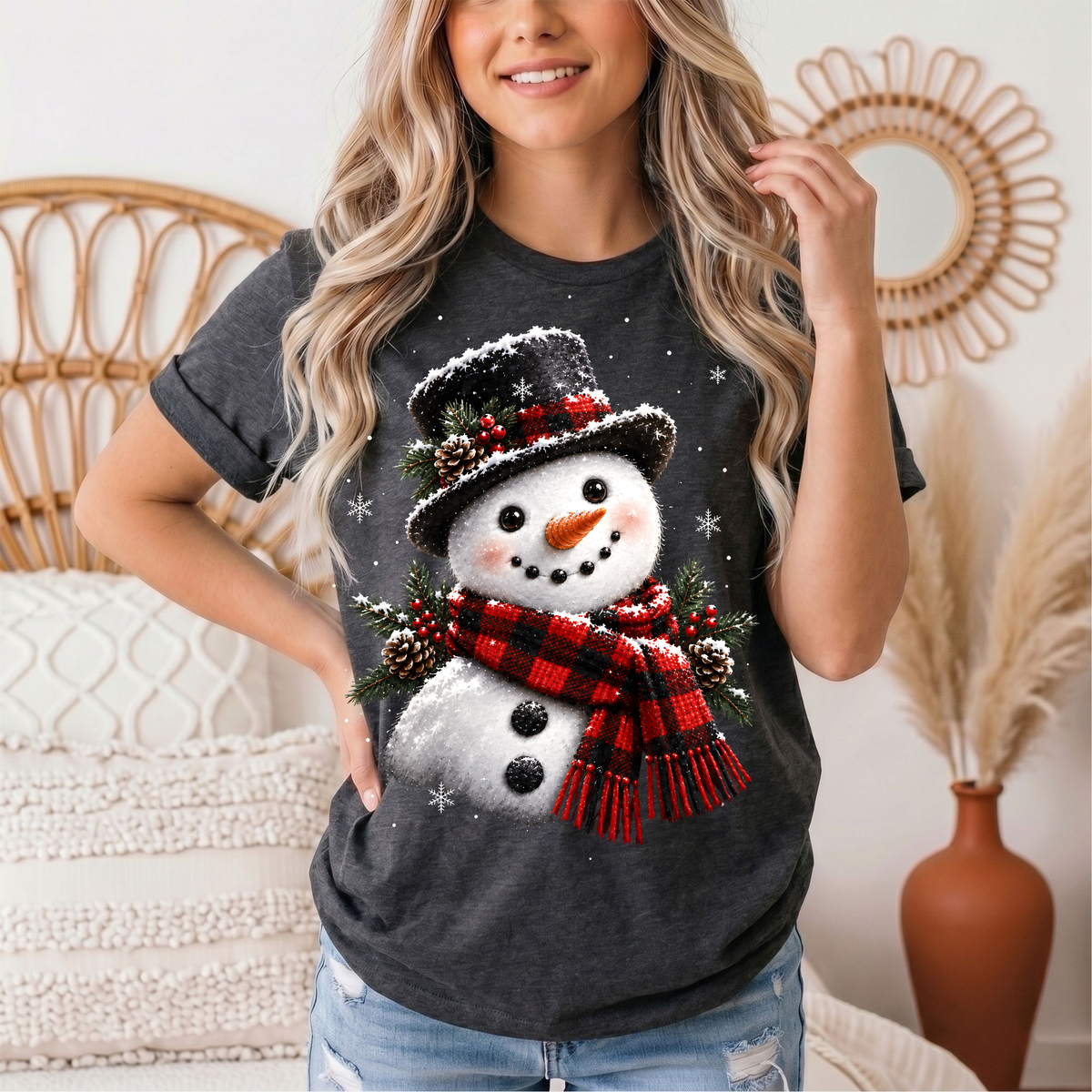 Snowman Buffalo Plaid Scarf Christmas Graphic Tee