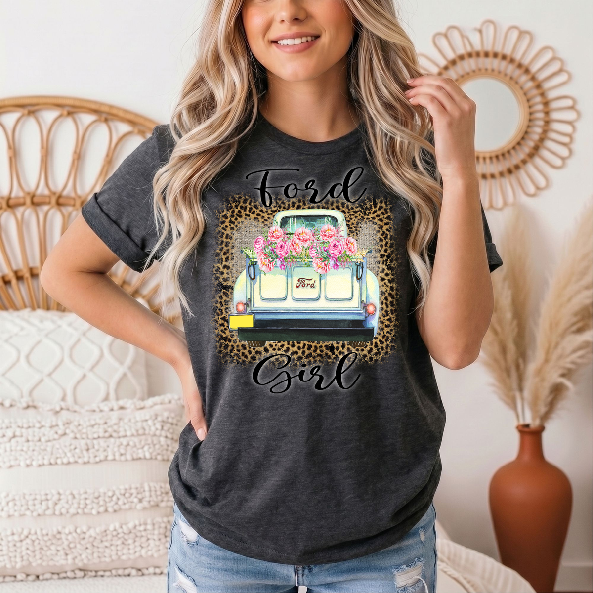 Ford Girl Floral Vintage Truck & Leopard Graphic Tee