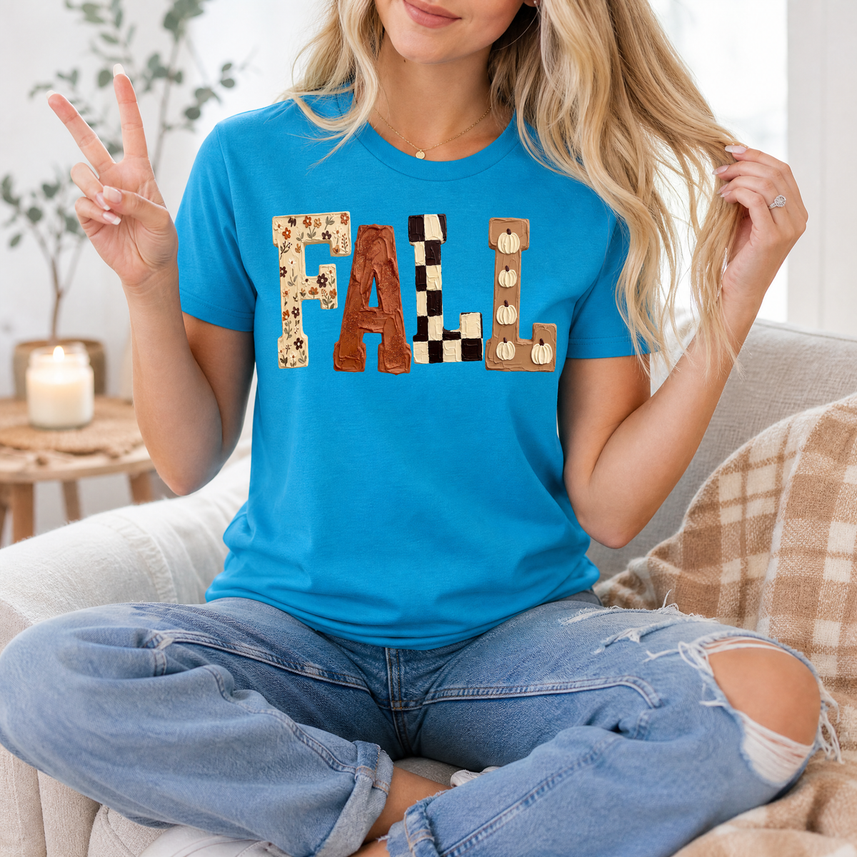 Fall Floral, Checkerboard & Pumpkin Graphic Tee